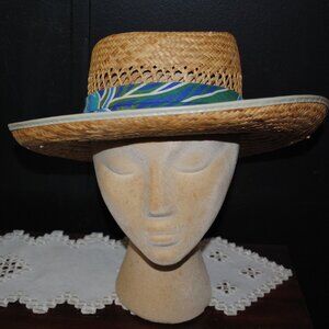 Vintage Straw Sun Hat with Tropical Fabric Band Made in USA